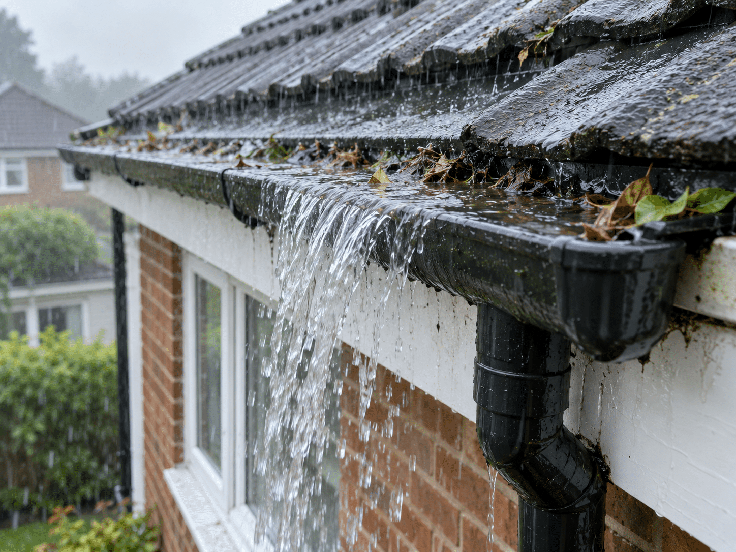 Gouttière en zinc qui déborde sous une forte pluie